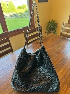 Black Woven Shoulder Bag with Chain-Strap